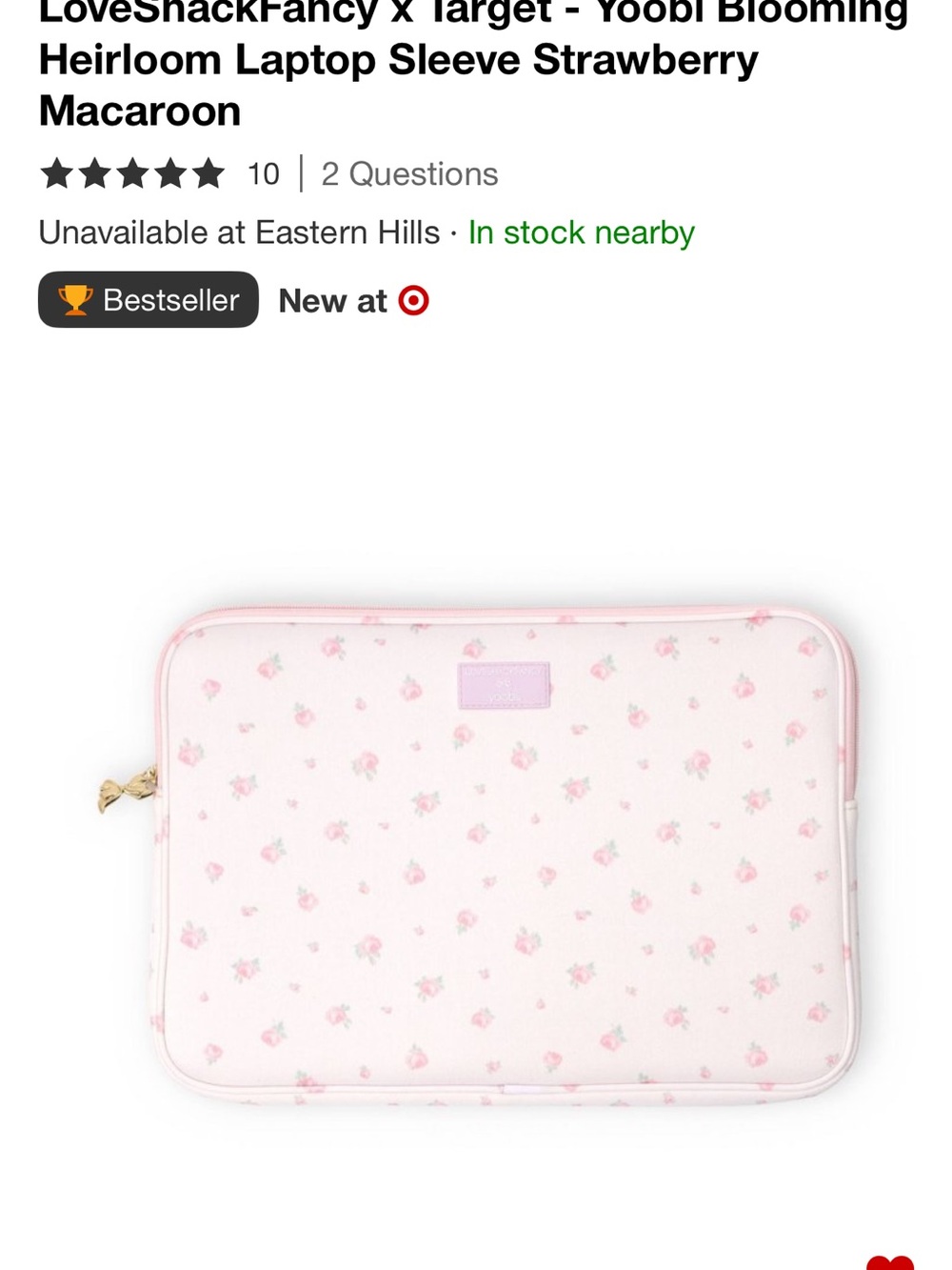 LoveShackFancy Pink Floral Laptop Sleeve with Gold Zip